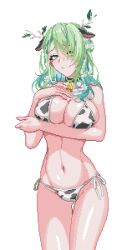 Rule 34 | 1girl, alternate costume, animal ears, animal print, antlers, arm under breasts, baiyuu, bell, bikini, breasts, ceres fauna, closed mouth, commentary, cow ears, cow print, cow print bikini, cowbell, cowboy shot, english commentary, gradient hair, green hair, hand on own chest, highres, hololive, hololive english, horns, large breasts, leaf, long hair, looking at viewer, mole, mole under eye, multicolored hair, navel, neck bell, pixel art, print bikini, side-tie bikini bottom, smile, solo, stomach, swimsuit, virtual youtuber, white background, yellow eyes