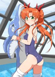 Rule 34 | 1girl, ass, bead bracelet, beads, blue one-piece swimsuit, bow, bracelet, cowboy shot, doughnut hair bun, green eyes, hair bow, hair bun, highres, inflatable dolphin, inflatable toy, jewelry, kyo9999, langrisser, langrisser iii, long hair, looking at viewer, one-piece swimsuit, orange hair, parted lips, pool, red bow, rei no pool, solo, standing, swimsuit, thighhighs, tiaris (langrisser), twintails, white thighhighs