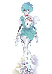 Rule 34 | 1girl, ayanami rei, blouse, blue hair, bodysuit, bodysuit under clothes, collared shirt, dated, evangelion: 3.0+1.0 thrice upon a time, highres, holding, holding clothes, holding footwear, interface headset, looking to the side, neon genesis evangelion, ontama, plugsuit, rebuild of evangelion, red eyes, school uniform, shirt, shore, short hair, signature, skirt, solo, suspender skirt, suspenders, tokyo-3 middle school uniform, walking, water, white footwear, white shirt