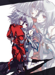 Rule 34 | 1boy, 1girl, arc system works, bad id, bad pixiv id, black pants, blazblue, blood, eyepatch, mono (sa), nu-13, pants, ragna the bloodedge, red eyes, silver hair, zoom layer
