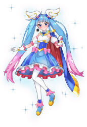 Rule 34 | 1girl, absurdres, ahoge, ankle boots, blue cape, blue dress, blue eyes, blue footwear, blue hair, blush, boots, bow, cape, clenched hand, closed mouth, commentary, cure sky, cut bangs, detached sleeves, dress, earrings, frilled dress, frills, fringe trim, full body, gloves, heart, highres, hirogaru sky! precure, jewelry, long hair, looking at viewer, magical girl, medium dress, multicolored hair, pantyhose, pink bow, pink hair, precure, puffy detached sleeves, puffy sleeves, red cape, simple background, single earring, sleeveless, sleeveless dress, smile, solo, sora harewataru, sparkle, standing, standing on one leg, streaked hair, timtim (tim99292), twintails, two-sided cape, two-sided fabric, very long hair, white background, white gloves, white pantyhose, wing hair ornament
