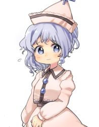 Rule 34 | 1girl, blue eyes, blue hair, blush, closed mouth, commentary request, flying sweatdrops, jacket, long sleeves, looking at viewer, merlin prismriver, pink vest, sasa kichi, short hair, simple background, smile, solo, touhou, upper body, vest, white background, wing collar