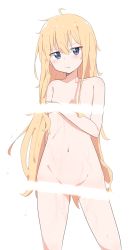Rule 34 | 1girl, :/, ahoge, blonde hair, blue eyes, blush, censored, closed mouth, collarbone, completely nude, gabriel dropout, gabriel tenma white, groin, highres, light censor, long hair, looking at viewer, messy hair, navel, nude, piyomi, solo, very long hair, white background