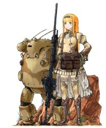 Rule 34 | 1girl, ascot, bad id, bad pixiv id, bag, belt, blonde hair, blush, boots, brown footwear, camouflage, explosive, france, frilled skirt, frilled sleeves, frills, full body, grenade, gun, hairband, long hair, long sleeves, mars expedition, military, military uniform, puffy long sleeves, puffy sleeves, ribbon, robot, rock, scabbard, sheath, simple background, skirt, solo, standing, thighhighs, uniform, weapon, weapon request, white background, y (khakiyawn), yellow eyes, zettai ryouiki