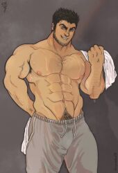 Rule 34 | 1boy, abs, absurdres, arched back, bara, beard stubble, black hair, bulge, covered penis, facial hair, feet out of frame, grey pants, groin, highres, holding, holding clothes, holding shirt, huge eyebrows, large pectorals, looking at viewer, lucas lee, male focus, male pubic hair, muscular, muscular male, navel, navel hair, nipples, pants, paparatsy, pectorals, pubic hair, scott pilgrim (series), scott pilgrim takes off, seductive smile, shirt, short hair, smile, smirk, solo, sparse arm hair, sparse chest hair, sparse navel hair, stomach, stubble, thighs, topless male, track pants