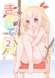 Rule 34 | 1girl, :d, backlighting, bare shoulders, barefoot, bikini, blonde hair, bloom, blush, chair, collarbone, commentary request, cover, crystal, fang, flandre scarlet, flat chest, full body, hair between eyes, hair ribbon, hugging own legs, indoors, jewelry, looking at viewer, necklace, no headwear, no headwear, one side up, open mouth, pink bikini, pink eyes, pointy ears, polka dot, red ribbon, ribbon, sakurea, sitting, skin fang, smile, solo, swimsuit, touhou, v, window, wings