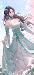 Rule 34 | 1girl, absurdres, blue sky, bug, butterfly, cherry blossoms, doupo cangqiong, dress, facial mark, forehead mark, green dress, gu xun er (doupo cangqiong), highres, holding, holding clothes, holding skirt, insect, jiu jiu wulongcha, long hair, looking to the side, sash, shirt, skirt, sky, smile, solo, upper body, white shirt