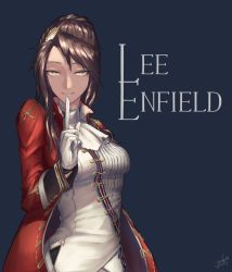 Rule 34 | 1girl, ascot, blue background, blush, braid, breasts, brown hair, character name, coat, commentary, finger to mouth, french braid, girls&#039; frontline, gloves, green eyes, hair ornament, half-closed eyes, highres, jacket, joki yoh, large breasts, lee-enfield (girls&#039; frontline), long hair, long sleeves, looking at viewer, military, open clothes, open coat, pants, parted lips, red coat, shirt, shushing, sidelocks, signature, simple background, smile, solo, uniform, white gloves, white pants