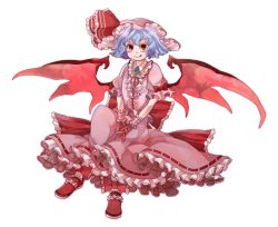 Rule 34 | 1girl, bad id, bad pixiv id, bat wings, blue hair, chachi, chachi (azuzu), female focus, frills, full body, gloves, hat, highres, looking at viewer, puffy short sleeves, puffy sleeves, red eyes, remilia scarlet, shoes, short hair, short sleeves, solo, spikes, touhou, transparent background, vampire, wings