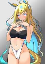 Rule 34 | 1girl, animal ears, bandeau, bare arms, bare shoulders, blonde hair, blue eyes, blue hair, blush, breasts, cleavage, colored inner hair, commentary request, cowboy shot, grey background, groin, highres, horse ears, komb, large breasts, long hair, looking at viewer, multicolored hair, navel, neo universe (umamusume), own hands together, parted lips, simple background, solo, standing, stomach, strapless, tube top, umamusume, very long hair