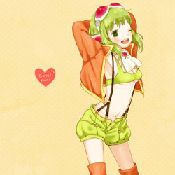 Rule 34 | 1girl, arms up, bad id, bad pixiv id, boots, breasts, goggles, goggles on head, green eyes, green hair, gumi, headphones, jacket, matching hair/eyes, gumi (v3 megpoid), midriff, mizutamako, navel, one eye closed, open mouth, red-tinted eyewear, short hair, shorts, small breasts, smile, solo, suspenders, thigh boots, thighhighs, tinted eyewear, underboob, vocaloid, wink