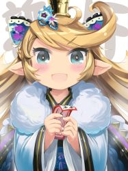 Rule 34 | 1girl, blonde hair, blue eyes, blush, bow, charlotta (granblue fantasy), color 73, commentary request, crown, granblue fantasy, hair bow, harvin, holding, japanese clothes, kimono, long sleeves, looking at viewer, obi, pointy ears, sash, solo, v-shaped eyebrows