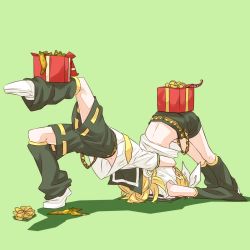 Rule 34 | 1boy, 1girl, 2014, arm warmers, balancing, banana peel, belt, birthday, black shorts, blonde hair, bow, box, brother and sister, clothes lift, full body, gift, gift box, green background, hair bow, hairband, headphones, highres, kagamine len, kagamine rin, leg warmers, midriff, rindo8 (rindo7), sailor collar, shirt, shirt lift, short hair, short sleeves, shorts, siblings, simple background, sleeveless, sleeveless shirt, suplex, tentacles, tripping, twins, vocaloid, white bow, white shirt