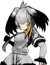 Rule 34 | 10s, :|, arm at side, belt, black gloves, black hair, breast pocket, charinkoman, clenched hand, closed mouth, collared shirt, expressionless, fingerless gloves, gloves, grey hair, grey necktie, grey shirt, grey shorts, hair between eyes, hand up, highres, incoming attack, incoming punch, kemono friends, layered sleeves, long hair, long sleeves, looking at viewer, low ponytail, multicolored hair, necktie, orange hair, pocket, punching, shirt, shoebill (kemono friends), short over long sleeves, short sleeves, shorts, side ponytail, simple background, solo, twisted torso, upper body, white background, yellow eyes