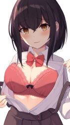Rule 34 | 1girl, black hair, black skirt, blush, bow, bow bra, bra, breasts, brown eyes, cleavage, collared shirt, dress shirt, hair between eyes, highres, lace, lace-trimmed bra, lace trim, long hair, long sleeves, looking at viewer, medium breasts, mizu (lzzrwi603), open clothes, open shirt, original, parted lips, pleated skirt, red bow, red bra, shirt, sidelocks, simple background, skirt, smile, solo, suspender skirt, suspenders, suspenders slip, underwear, upper body, white background, white shirt