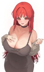 Rule 34 | 1girl, absurdres, black choker, blush, breasts, choker, cleavage, curvy, dress, hand on own chest, highres, huge breasts, last origin, leprechaun (last origin), long hair, looking at viewer, open mouth, red eyes, red hair, shade of trees, simple background, solo, white background