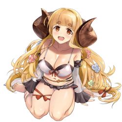 Rule 34 | 1girl, anila (granblue fantasy), anila (summer) (granblue fantasy), barefoot, bikini, blonde hair, blush, breasts, cleavage, commentary request, draph, flower, full body, granblue fantasy, hair flower, hair ornament, hair ribbon, horns, large breasts, layered bikini, long hair, looking at viewer, mahan, navel, open mouth, red ribbon, ribbon, round teeth, sheep horns, short eyebrows, sitting, solo, swimsuit, teeth, thigh strap, thighs, transparent background, very long hair, wariza, yellow eyes