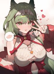 Rule 34 | 1girl, :p, absurdres, animal ear fluff, animal ears, arknights, blush, breasts, cat ears, cat girl, chinese commentary, commentary request, corset, green eyes, green hair, grey background, harmonie (arknights), harmonie (decoration) (arknights), heart, highres, huajiaohaibao, jacket, large breasts, long hair, off shoulder, official alternate costume, red corset, red jacket, shirt, simple background, solo, spoken blush, tongue, tongue out, upper body, v, white shirt