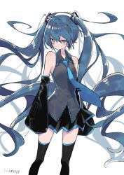 Rule 34 | 1girl, artist name, bare shoulders, black skirt, black sleeves, black thighhighs, blue eyes, blue hair, blue necktie, collared shirt, commentary, detached sleeves, grey skirt, hair ornament, hatsune miku, highres, long hair, long sleeves, mimelond, necktie, pleated skirt, shirt, signature, simple background, skirt, sleeveless, sleeveless shirt, sleeves past fingers, sleeves past wrists, solo, thighhighs, tie clip, twintails, very long hair, vocaloid, white background