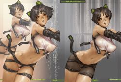 Rule 34 | 1girl, aliori haberi, black hair, breasts, brown eyes, clone, covered erect nipples, elbow gloves, gloves, greaseberries, highres, large breasts, looking at viewer, multiple views, navel, open mouth, see-through, shiny skin, shirou masamune, short hair, smile, wet, wet clothes
