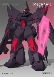 Rule 34 | character name, clenched hand, commission, energy barrier, energy shield, gelgoog, gun, gundam, gundam seed, harryych, highres, holding, holding gun, holding weapon, mecha, mobile suit, mobile suit gundam, no humans, pink eyes, red eyes, redesign, robot, science fiction, shadow, solo, standing, twitter username, weapon