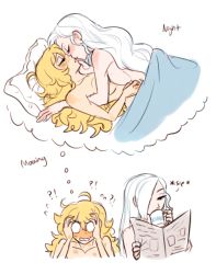 Rule 34 | !?, 2girls, before and after, blanket, blonde hair, blush, breast press, closed eyes, commentary, completely nude, cup, dashingicecream, english text, hickey, kiss, multiple girls, newspaper, nude, panicking, pillow, remembering, rwby, sweat, the party tit, thought bubble, white hair, winter schnee, yang xiao long, yuri