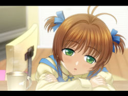 Rule 34 | 1990s (style), 1girl, antenna hair, blouse, blush, brown hair, cardcaptor sakura, child, coffee, crossed arms, cup, green eyes, kinomoto sakura, letterboxed, mutsuki (moonknives), open mouth, retro artstyle, shirt, short hair, short twintails, sleepy, solo, steam, twintails, yellow shirt