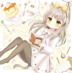 Rule 34 | 1girl, animal ear fluff, animal ears, book, bow, cat ears, cat girl, cat tail, clock, cookie, cup, dress, food, fork, green eyes, grey pantyhose, hair bow, hairband, highres, holding, holding book, imagining, knife, light brown hair, long hair, mike mochi, original, pantyhose, pencil, sweets, syrup, tail, teacup, white dress