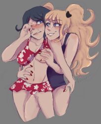 Rule 34 | 2girls, :3, absurdres, artist name, bear hair ornament, bikini, bikini top lift, black hair, blonde hair, blue eyes, body freckles, breasts, cleavage, clothes lift, collarbone, danganronpa: trigger happy havoc, danganronpa (series), danganronpa s: ultimate summer camp, enoshima junko, fingernails, freckles, freckles on shoulder, grabbing, grabbing another&#039;s breast, grey background, grin, hair ornament, hand on another&#039;s hip, hand on another&#039;s stomach, hand up, heart, heart-shaped pupils, highres, holographic ai (artist), ikusaba mukuro, incest, leg between thighs, lip biting, looking at another, looking to the side, medium breasts, multiple girls, nail polish, navel, nipple stimulation, nipple tweak, official alternate costume, one eye closed, red nails, school swimsuit, siblings, signature, simple background, sisters, smile, sweat, sweatdrop, swimsuit, symbol-shaped pupils, teeth, twincest, twins, twintails, yuri