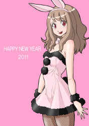Rule 34 | 10s, 1girl, 2011, :d, animal ears, bare shoulders, bow, bowtie, brown hair, bunny girl, chinese zodiac, collarbone, cowboy shot, doza village, dress, english text, fake animal ears, fishnet pantyhose, fishnets, hairband, looking at viewer, new year, open mouth, pantyhose, pink background, pink dress, pink eyes, pom pom (clothes), rabbit (chinese zodiac), rabbit ears, sidelocks, simple background, smile, solo, standing, wrist cuffs, wristband