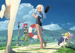 Rule 34 | 10s, 5girls, akinashi yuu, bare legs, barefoot, blonde hair, blue eyes, blue sky, breasts, building, bus stop, cloud, cloudy sky, day, flower, from side, gradient hair, grass, hair between eyes, hair flower, hair ornament, hat, holding, i-168 (kancolle), i-19 (kancolle), i-58 (kancolle), i-8 (kancolle), kantai collection, large breasts, leg up, lifebuoy, long hair, looking at another, mountain, multicolored hair, multiple girls, name tag, nature, one-piece swimsuit, open mouth, outdoors, pink hair, pointing, ponytail, ro-500 (kancolle), road, sailor hat, school swimsuit, school uniform, serafuku, shadow, sign, sky, sleeveless, smile, standing, swim ring, swimsuit, tan, tanline, torpedo, tree, white hair