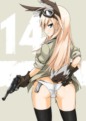Rule 34 | 1girl, adjusting clothes, adjusting panties, animal ears, ass, bad id, bad pixiv id, black thighhighs, blue eyes, butt crack, dakku (ogitsune), from behind, gloves, goggles, goggles on head, gun, handgun, hanna-justina marseille, head wings, in panties, long hair, looking at viewer, looking back, magazine (weapon), military, military uniform, object in clothes, object in panties, panties, pistol, rabbit ears, shiny skin, sleeves rolled up, smile, solo, strike witches, tail, thighhighs, trefoil, trigger discipline, underwear, uniform, walther, walther p38, weapon, white panties, wings, world witches series