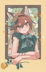 Rule 34 | 1girl, alternate costume, animal ears, blush, bow, bowtie, dress, earrings, flower, fox ears, fox girl, frilled sleeves, frills, green bow, green bowtie, green dress, hair flower, hair ornament, hairband, highres, jewelry, kemono friends, long hair, looking at viewer, multicolored hair, orange eyes, orange flower, orange hair, orange rose, picture frame, red fox (kemono friends), red hair, rose, shimazoenohibi, short sleeves, solo, symbol-only commentary