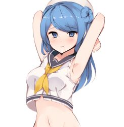 Rule 34 | 10s, 1girl, armpits, arms up, bad id, bad pixiv id, blue eyes, blue hair, blush, breasts, crop top, crop top overhang, double bun, hair bun, hat, hona (pixiv7939518), kantai collection, looking at viewer, matching hair/eyes, midriff, pout, sleeves rolled up, solo, urakaze (kancolle), white hat