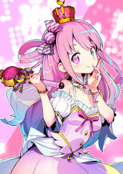 Rule 34 | 1girl, blush, bow, candy hair ornament, crown, dress, earrings, food-themed hair ornament, gradient hair, green eyes, hair ornament, hair rings, heterochromia, highres, himemori luna, himemori luna (1st costume), hololive, jewelry, long hair, looking at viewer, mini crown, multicolored hair, one side up, onono imoko, pink eyes, pink hair, princess, ribbon, sidelocks, smile, solo, virtual youtuber, wavy hair