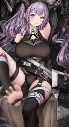 Rule 34 | 1girl, absurdres, arknights, arm up, armpits, bare shoulders, black shirt, black shorts, black thighhighs, breasts, commentary request, foot out of frame, highres, horns, large breasts, long hair, nopetroto, parted lips, purple eyes, purple hair, shirt, shorts, solo, thigh strap, thighhighs, thighs, typhon (arknights), very long hair
