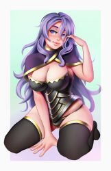 Rule 34 | 1girl, armor, black armor, black thighhighs, breasts, camilla (fire emblem), cleavage, fire emblem, fire emblem fates, highres, jackary, kneeling, large breasts, lips, long hair, messy hair, nintendo, parted bangs, purple eyes, purple hair, skindentation, sleeveless, thighhighs, underwear