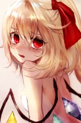 Rule 34 | 1girl, blonde hair, blush, commentary request, crystal, empty eyes, fang, flandre scarlet, hair between eyes, hair ribbon, looking at viewer, looking back, maho moco, medium hair, no headwear, one side up, red eyes, red ribbon, ribbon, solo, tears, touhou, wavy hair, white background, wings