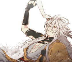 Rule 34 | 10s, 1boy, animal ears, bare pectorals, bishounen, black gloves, fangs, fox ears, gloves, hand on another&#039;s head, icylove, japanese clothes, kogitsunemaru, long hair, male focus, out of frame, partially fingerless gloves, pectorals, pom pom (clothes), red eyes, simple background, smile, solo focus, touken ranbu, very long hair, white background, white hair