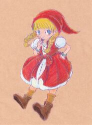 1girl blonde_hair blue_eyes bow bracelet braid brown_footwear brown_socks closed_mouth crayon_(medium) dragon_quest dragon_quest_xi dress eyelashes full_body highres index_finger_raised jewelry long_hair ozu_(pixiv) puffy_short_sleeves puffy_sleeves red_bow red_dress shirt shoes short_sleeves smile socks solo traditional_media twin_braids veronica_(dq11) white_shirt