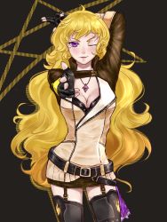 Rule 34 | 1girl, blonde hair, bn lorrie, breasts, cleavage, finger gun, fingerless gloves, garter straps, gloves, highres, jewelry, large breasts, long hair, necklace, one eye closed, purple eyes, rwby, skirt, solo, thighhighs, very long hair, yang xiao long