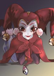 Rule 34 | 1girl, absurdres, bodysuit, chrono cross, closed mouth, facepaint, gloves, harlequin, hat, highres, jester, jester cap, looking at viewer, makiboros, red eyes, red gloves, simple background, smile, solo, harle (chrono cross)