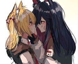 Rule 34 | 2girls, animal ear fluff, animal ears, arknights, bandaid, bandaid on face, bandaid on nose, black capelet, black gloves, black hair, blonde hair, brown eyes, capelet, closed mouth, eye contact, fingerless gloves, from side, gloves, gomiyama, hand on another&#039;s cheek, hand on another&#039;s face, highres, injury, long sleeves, looking at another, multicolored hair, multiple girls, parted lips, profile, red eyes, red hair, simple background, sketch, sora (arknights), texas (arknights), twintails, two-tone hair, upper body, white background, wolf ears, wolf girl
