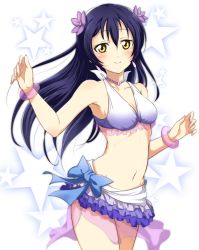 Rule 34 | 10s, 1girl, bangle, bare shoulders, bikini, blue hair, blush, bow, bracelet, breasts, cleavage, flower, frilled skirt, frills, gradient background, hair flower, hair ornament, highres, jewelry, long hair, looking at viewer, love live!, love live! school idol project, miniskirt, natsuiro egao de 1 2 jump!, navel, purple hair, skirt, smile, solo, sonoda umi, standing, star (symbol), starry background, swimsuit, vorupi, yellow eyes
