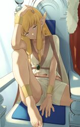 Rule 34 | 1girl, absurdres, ankle brace, barefoot, bracer, breasts, cape, elf, feet, foreshortening, fur trim, hair ornament, hair tubes, highres, long hair, looking at viewer, mutsuki albino, navel, pointy ears, red cape, serie (sousou no frieren), shorts, small breasts, smile, smirk, solo, sousou no frieren, throne, toes, tsurime, yellow eyes