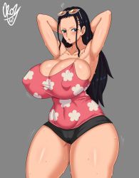 1girl absurdres aqua_eyes armpits arms_behind_head artist_name black_hair blush breasts cameltoe cleavage cleft_of_venus collarbone covered_erect_nipples curvy grey_background highres huge_breasts long_hair motion_lines nico_robin nico_robin_(punk_hazard) one_piece oroz_kun short_shorts shorts simple_background sleeveless solo sunglasses_on_head sweat thick_thighs thighs wide_hips