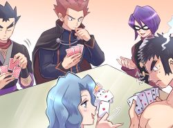 Rule 34 | 1girl, 4boys, black eyes, black hair, bruno (pokemon), cape, card, commentary request, creatures (company), eyelashes, fishnets, game freak, highres, holding, holding card, jacket, karen (pokemon), koga (pokemon), lance (pokemon), long sleeves, looking down, makita (mugitya3776), motion lines, multiple boys, nintendo, open mouth, playing card, pokemon, pokemon hgss, purple hair, red hair, red scarf, scarf, short hair, smile, spiked hair, sweat, thick eyebrows, will (pokemon)