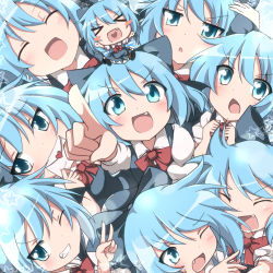 Rule 34 | &gt;:d, &gt;:o, &gt; &lt;, 1girl, :d, :o, > <, ^ ^, blue eyes, blue hair, blush, blush stickers, bow, bowtie, chibi, cirno, clenched hands, closed eyes, collared shirt, do (4-rt), dress, closed eyes, fang, grin, hair bow, happy, heart, heart in mouth, hug, letter, love letter, multiple persona, nervous, one eye closed, open mouth, pointing, pointing at viewer, puffy short sleeves, puffy sleeves, shirt, short sleeves, smile, star (symbol), sweatdrop, too many, touhou, v, v-shaped eyebrows, xd