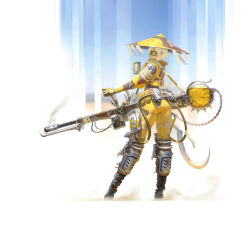 Rule 34 | 1girl, agoto, ass, blue sky, brown eyes, brown legwear, day, desert, flamethrower, gloves, goggles, hat, highres, holding, holding weapon, knee pads, looking to the side, outdoors, profile, scout, simple background, sky, smoke, standing, weapon, white hair, yellow gloves, yellow hat