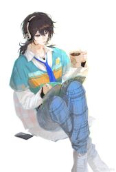Rule 34 | alternate costume, black eyes, black hair, black undershirt, blue necktie, blue pants, blue shirt, book, book on lap, cellphone, checkered pants, christmas tree print, coffee mug, collarbone, collared shirt, crossed legs, cup, deren (path to nowhere), headphones, highres, holding, holding cup, knees up, layered sleeves, long sleeves, looking down, low ponytail, luori dianxin, mug, necktie, on cushion, pants, path to nowhere, phone, print cup, reading, shirt, shoes, short over long sleeves, short sleeves, simple background, sitting, smartphone, sneakers, t-shirt, weibo logo, weibo watermark, white background, white footwear, white shirt
